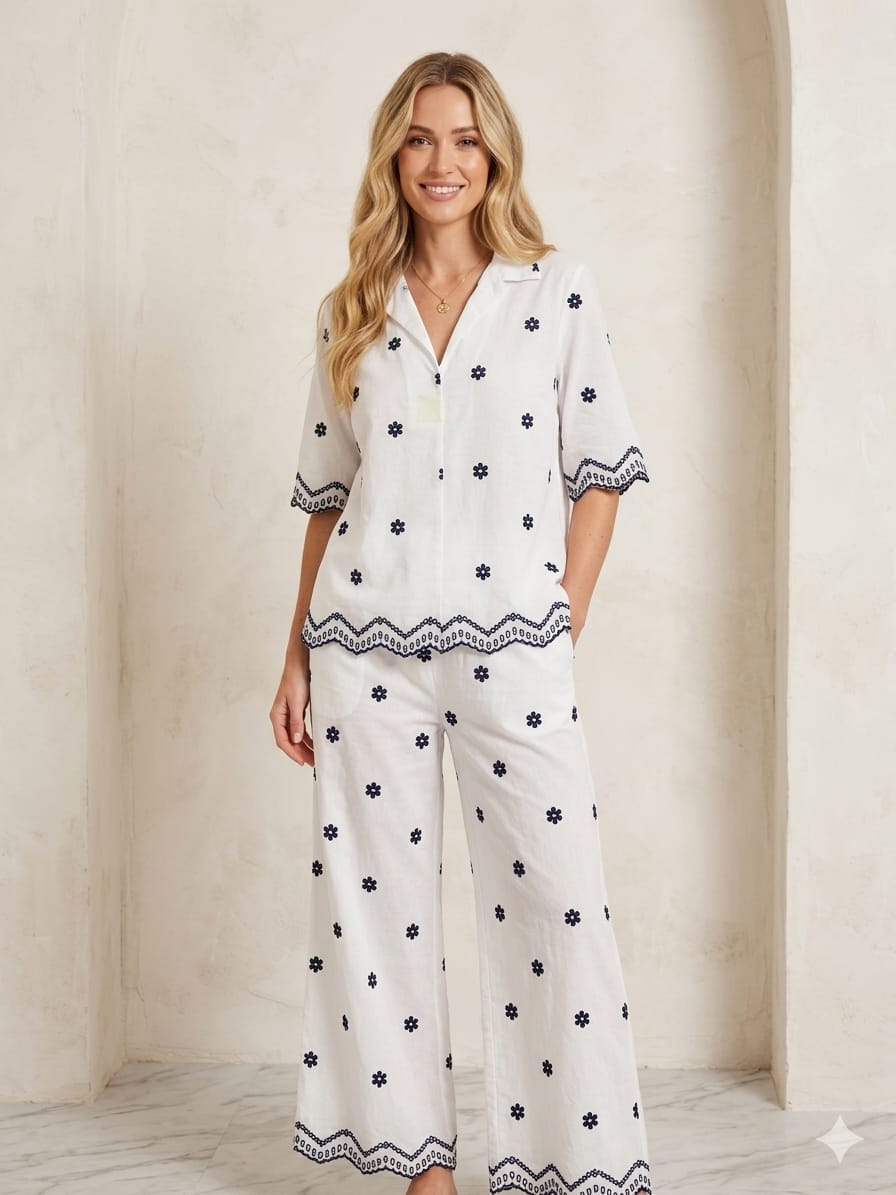 Completo in Cotone Floreale Bianco e Fiori Blu